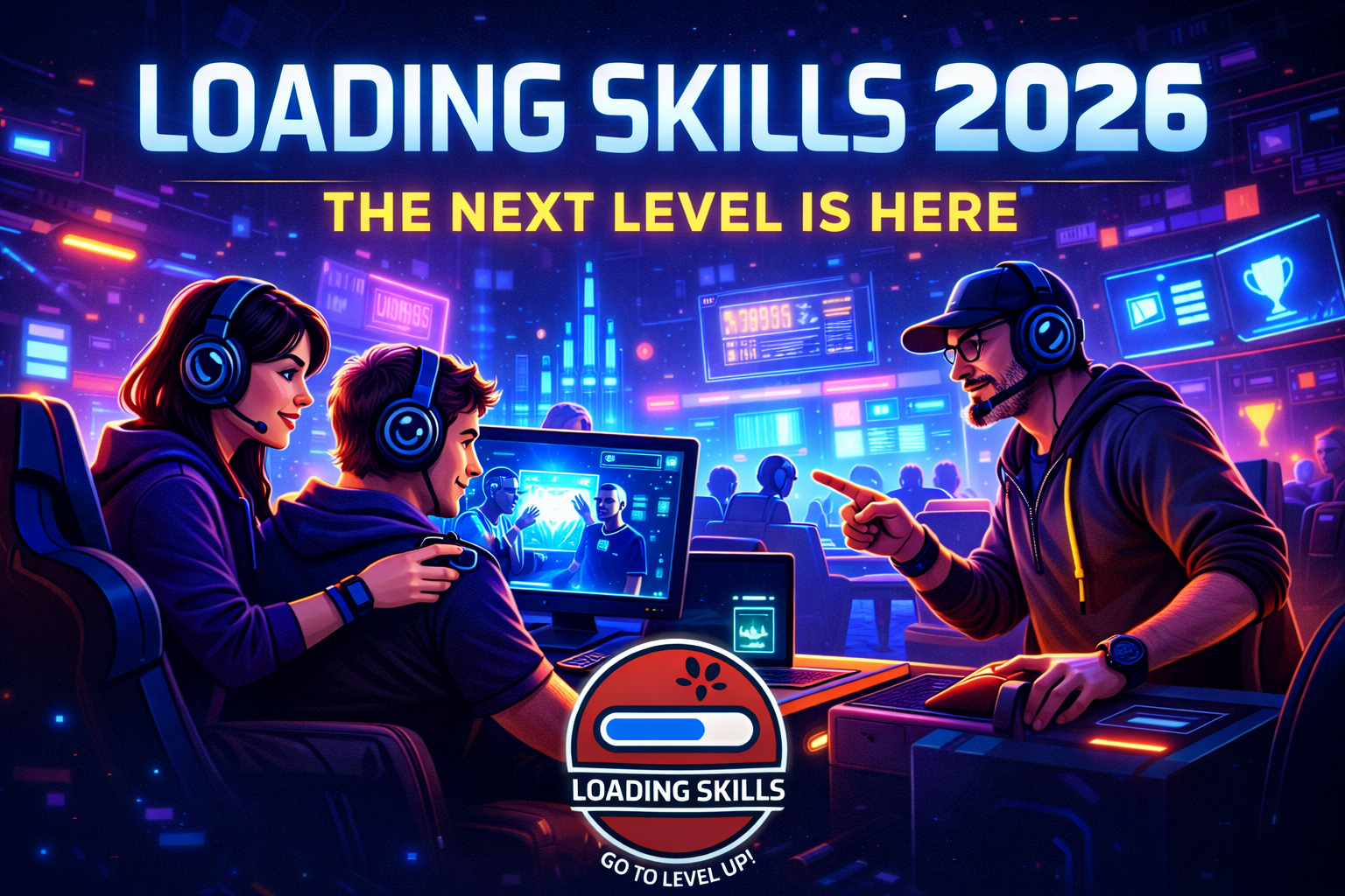 Neon futuristic gaming hub with players leveling up and coaching - Loading Skills 2026